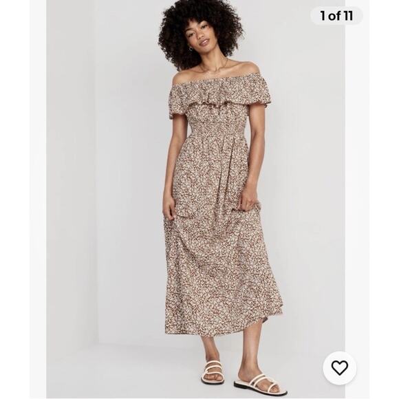 Old Navy Women’s Off The Shoulder Maxi Dress Size XXL Tall Brown Tropical Print - Picture 1 of 9